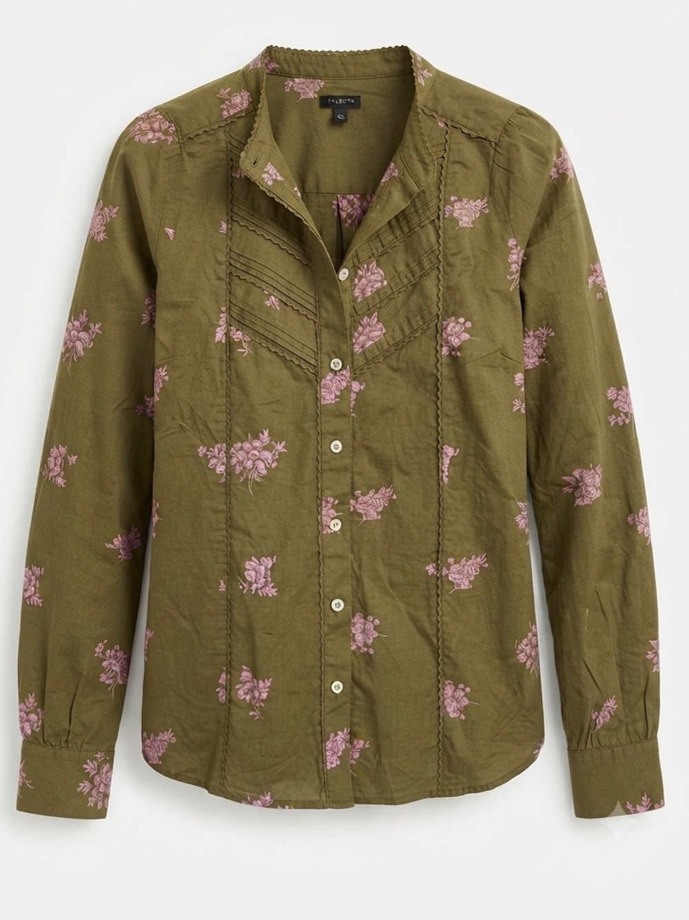 Talbots Olive Green Pink Floral Lace Trim Pintuck Button Up Blouse Top MP